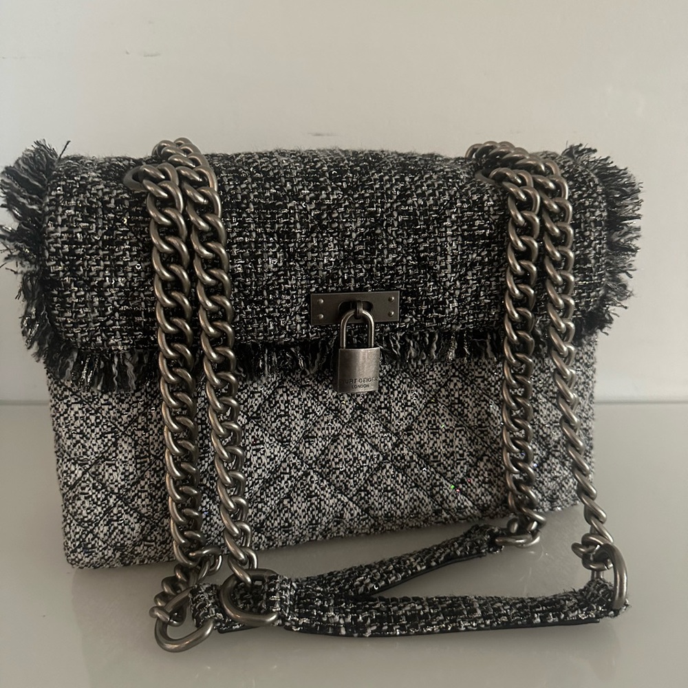 Kurt Geiger Women's Black/White Tweed T Mini Brixton Lock Chain Bag